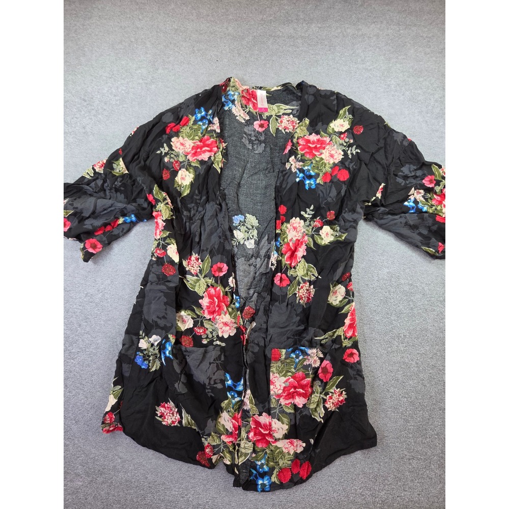 No Boundaries Floral Open Front Kimono Cardigan Black Red Pockets Size Medium